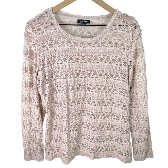 Lord & Taylor Lace Knit Long Sleeve Top Blush Pink Sheer Layering Shirt Size L - Picture 5 of 10